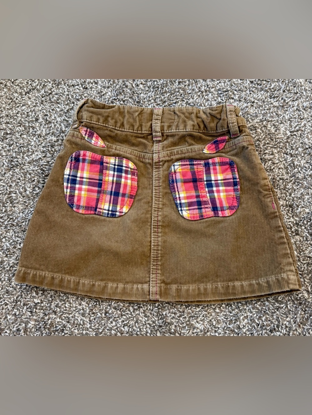 Mini Boden Girls Tan Pink Corduroy Skirt Plaid Apples Pockets  Size 5-6 Y
